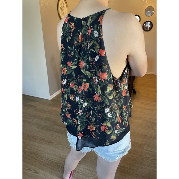 SANS SOUCI Women’s Black Floral Chiffon Halter Camisoles Layered Tank Top Size M - Picture 2 of 6
